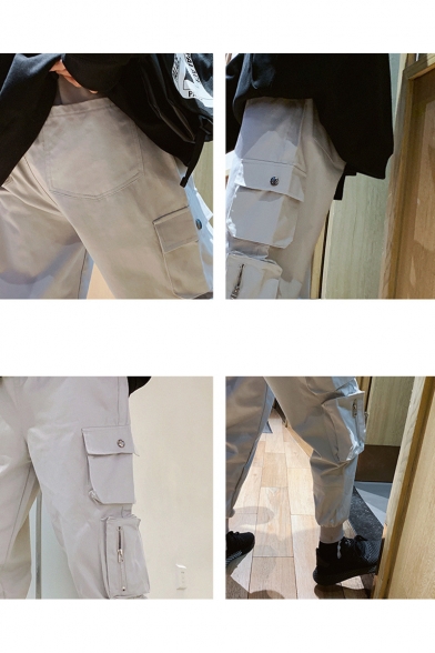 New Fashion Multiple Zip Pocket Design Drawstring Waist Simple Plain Cotton Cargo Pants for Men