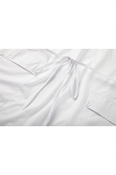 New Stylish V Neck Patched Long Sleeve Pocket Front Split Side Stand Collar White Midi Shirt Dress
