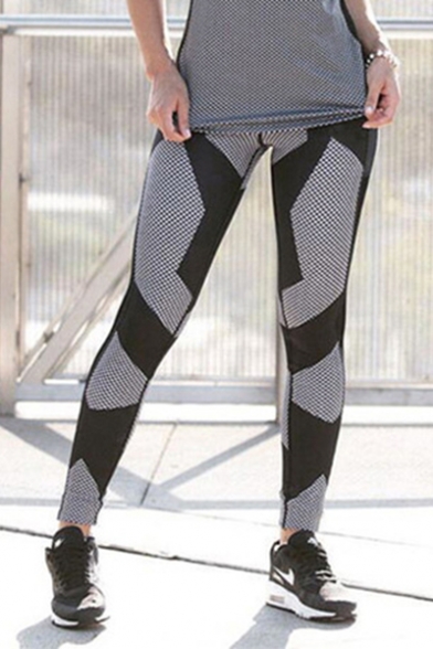 New Trendy Elastic Waist Colorblock Polka Dot Printed Sport Legging Pants