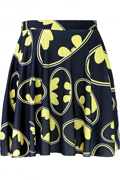 Popular Allover Bat Print High Rise Mini Pleated Navy Skirt