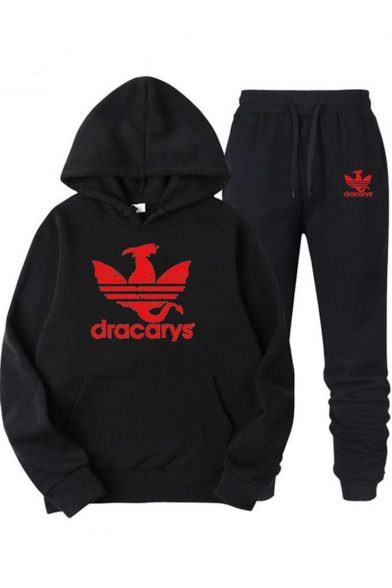Popular Dracarys Dragon Logo Print Casual Loose Hoodie with Sweatpants Sport Two-Piece Set