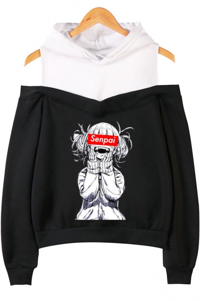 Popular Senpai Comic Anime Girl Print Cold Shoulder Long Sleeve Casual Hoodie