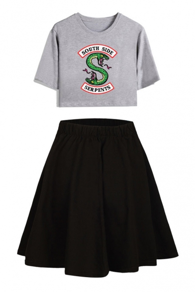 Popular Snake Logo Printed Short Sleeve Cropped Tee with A-Line Skirt Two-Piece Set