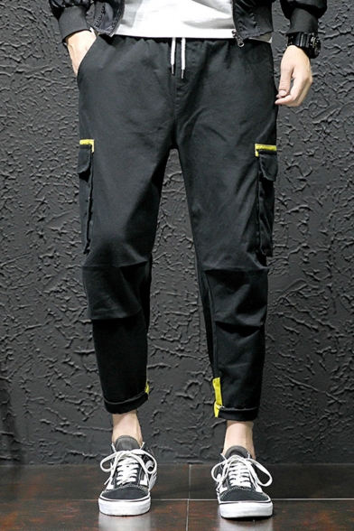 Simple Fashion Colorblock Design Flap Pocket Drawstring Waist Casual Cargo Pants for Men