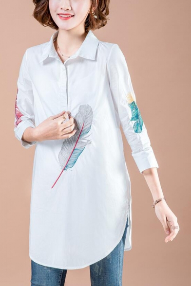 Simple Feather Printed Three-Quarter Sleeve Button Front Longline Shirt Blouse for Women