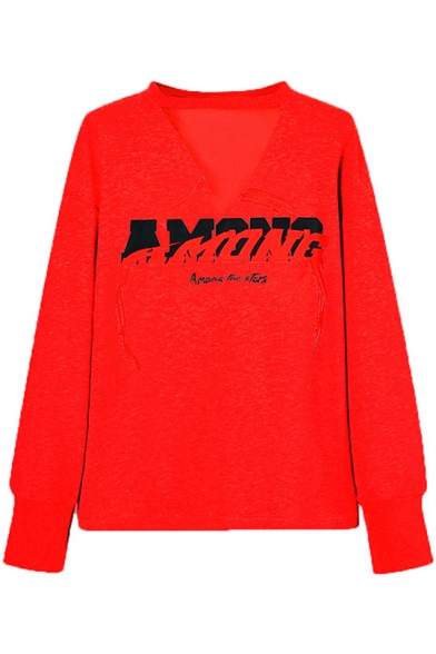 Simple Letter AMONG Print V-Neck Long Sleeve Casual Pullover Sweatshirt