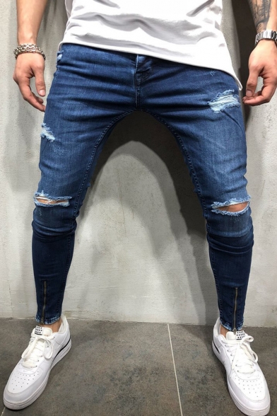 Simple Plain Cool Damage Knee Cut Ripped Detail Zipper Vent Men's Dark Blue Slim Fit Jeans