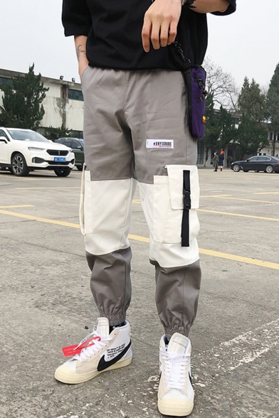 Street Style Trendy Color Block Buckle Strap Pocket Side Men's Hip Pop Casual Cargo Pants