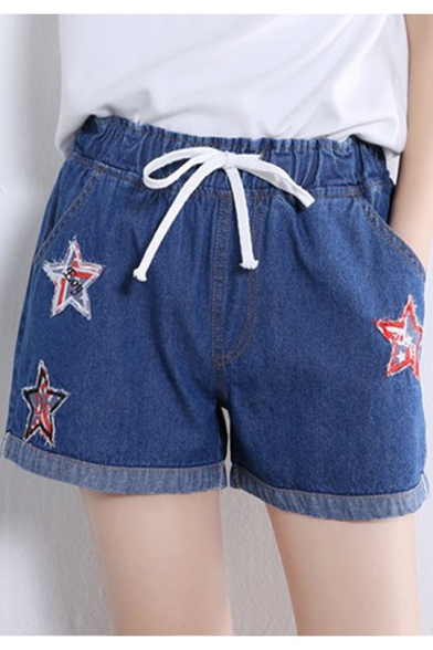 Students Fashion Star Patched High Rise Drawstring Waist Loose Casual Denim Shorts