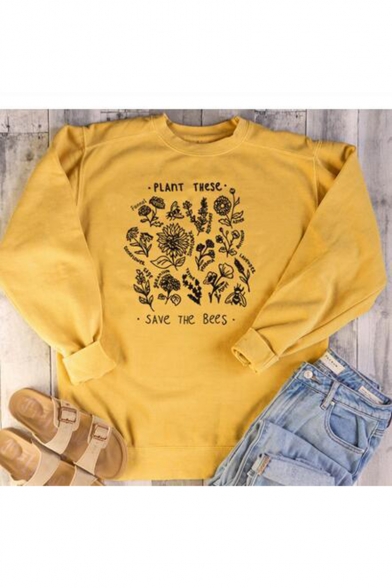 Stylish Letter PLANT THESE SAVE THE BEES Print Crewneck Long Sleeve Pullover Yellow Sweatshirt