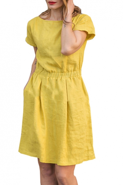 Summer Basic Simple Plain Round Neck Short Sleeve Elastic Waist Mini A-Line Linen Dress