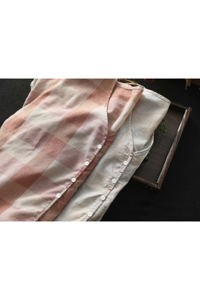 Summer Casual Loose Trendy Plaid Print V-Neck Short Sleeve Button Down Linen Shirt Blouse
