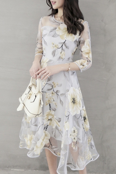 Summer Chic Floral Printed Round Neck Three-Quarter Sleeve Midi A-Line Organza Dress