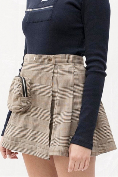Summer Fashion Check Print Beading Embellished Pocket Detail A-Line Mini Skirt
