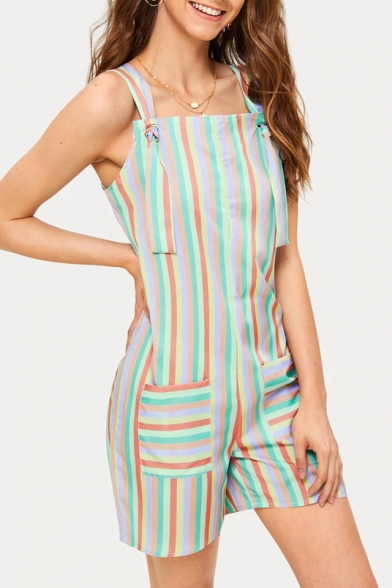 Summer Fashion Double Pockets Colorful Striped Holiday Overall Shorts Rompers