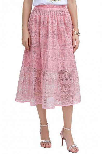 

Summer Fashion Plain Elastic Waist Lace A-Line Pleated Midi Chic Skirt for Sweet Women, Black;pink;white;light green, LM549660