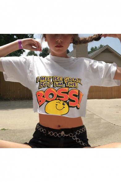 Summer Funny Cartoon Smile Face Letter BOSS Print Casual Loose White Crop Tee