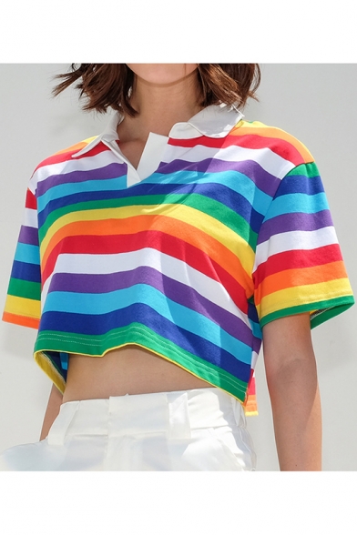 Summer Girls Rainbow Striped Printed Short Sleeve Turn-Down Collar Crop Polo Shirt