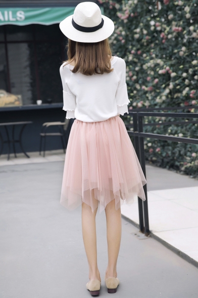 Summer Girls Simple Plain Elastic Waist Mini Flared Asymmetrical Tulle Skirt