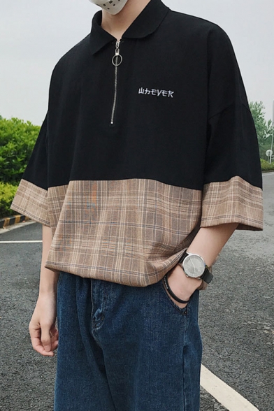 Summer Guys Simple Letter Plaid Patched Zipper Front Loose Oversized Polo Shirt