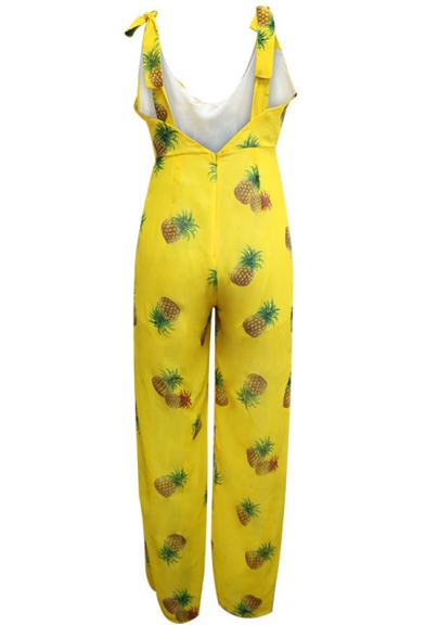 Summer Hot Fashion Pineapple Print Scoop Neck Sleeveless Backless Wide-Leg Jumpsuit for Women