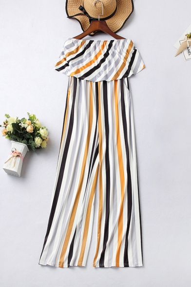 Summer Hot Fashion Strapless Sleeveless Multicolor Striped Print Loose Long Pants Jumpsuits