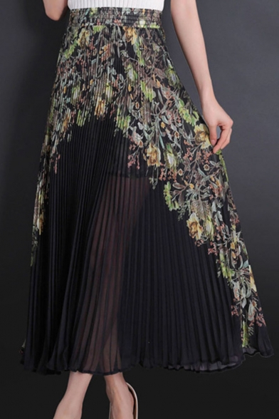Summer Hot Popular Chiffon Floral Print Boho Elastic High Waist Pleated Maxi Skirt