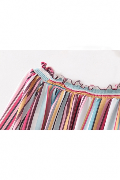 Summer Hot Stylish Rainbow Striped Off Shoulder Flounce Trim Casual Loose Blouse