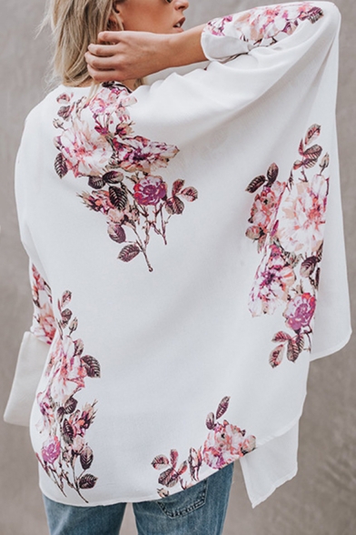 Summer Hot Stylish White Floral Print Long Sleeve Open Front Oversize Chiffon Shirt