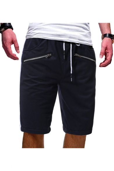Summer New Fashion Double Zip Embellishment Drawstring Waist Men's Simple Plain Cotton Relaxed Sweat Shorts