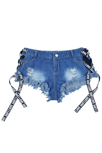 Summer New Fashion Letter Ribbon Lace-Up Side Frayed Hem Hot Pants Denim Shorts