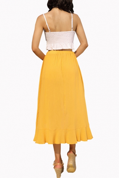 Summer Popular Yellow Elastic Waist Button Down Holiday Midi Ruffled Skirt