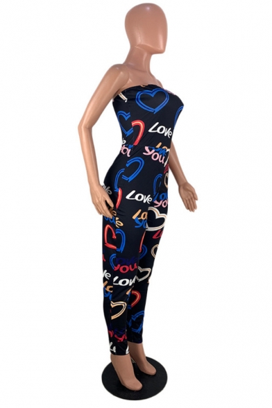Summer Sexy Cool Street Style Fashion Black Love You Letter Print Strapless Sleeveless Slim Fit Jumpsuits