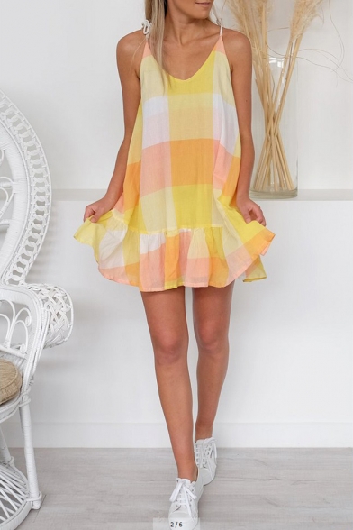 Summer Stylish Yellow Color Block V-Neck Mini Ruffled Slip Dress