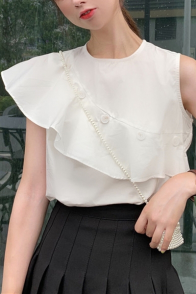 Summer Sweet Girls Unique Design Ruffled Hem Button Embellished Sleeveless Blouse Top