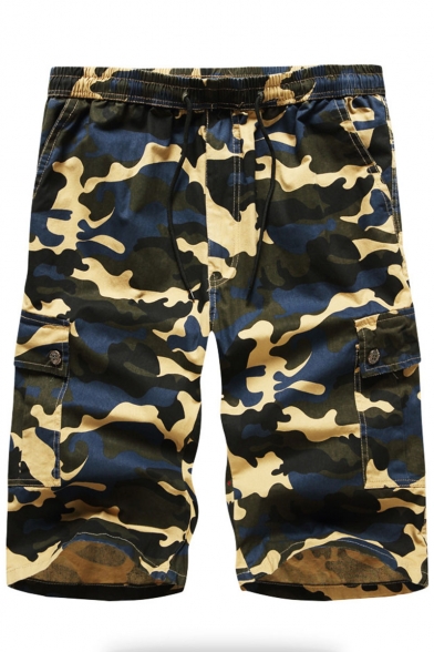 Summer Trendy Camouflage Printed Flap Pocket Side Drawstring Waist Leisure Cargo Shorts for Men