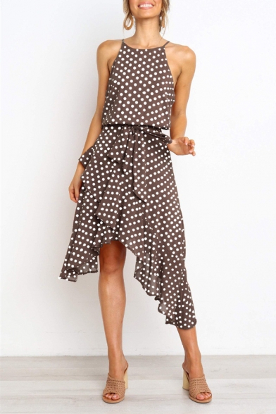 Summer Trendy Classic Polka Dot Printed Sleeveless Bow-Tied Waist Asymmetrical Cami Dress