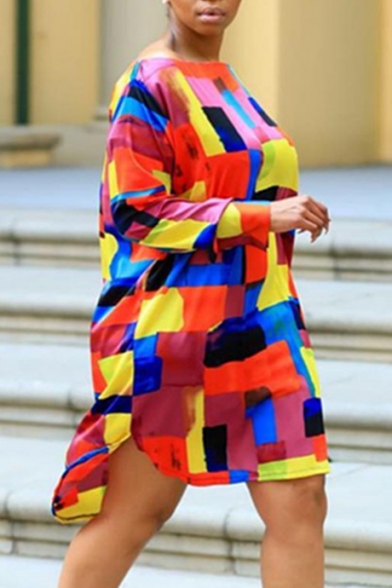 Summer Trendy Cool Colorful Color Block Round Neck Long Sleeve High Low Dress