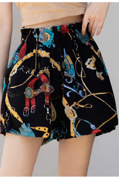 Summer Womens Fashion Printed Elastic Waist Loose Leisure Chiffon Shorts