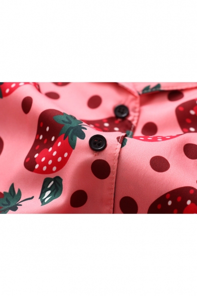 Sweet Girls Pink Strawberry Pattern Lapel Collar Short Sleeve Button Shirt