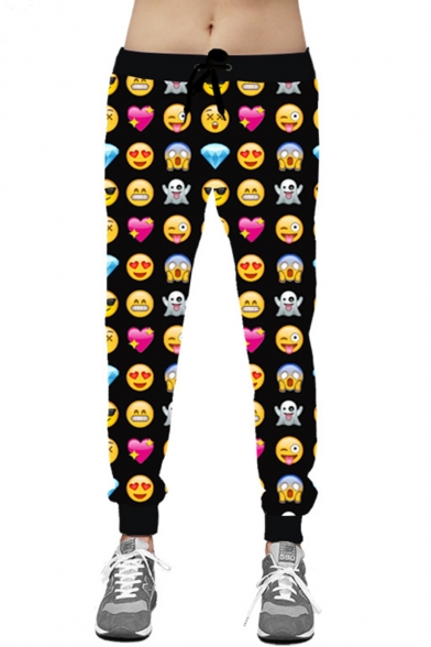 Trendy 3D Emoji Printed Drawstring Waist Sport Casual Joggers Sweatpants