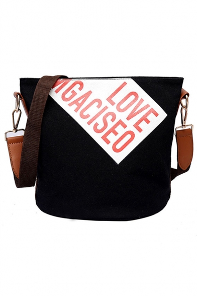 Trendy Color Block Letter LOVE GACISEO Printed Large Capacity Bucket Messenger Bag 24*30*24 CM