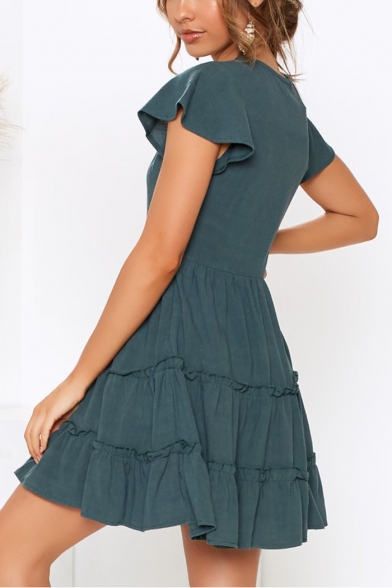 Trendy Plain Button V-Neck Flutter Sleeve Mini A-Line Layered Ruffle Dress