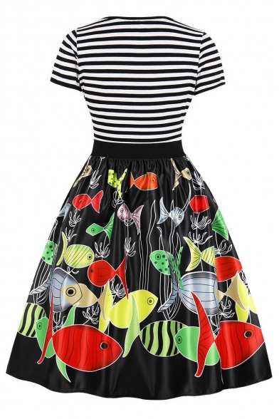 Trendy Striped Cartoon Fish Printed Round Neck Short Sleeve Midi Black Fit and Flared Dress