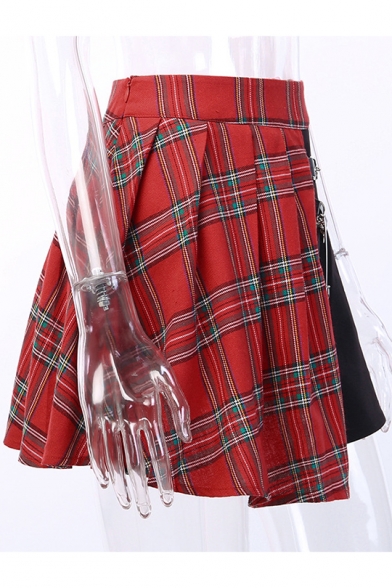 Trendy Women Sweet Red Check High Waist Metallic Embellished Patchwork Pleated A-Line Mini Skirt