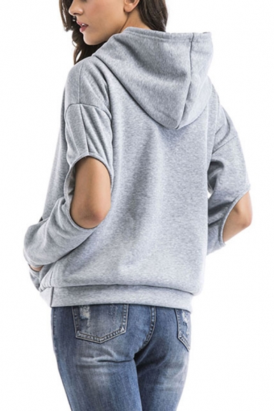 Unique Cool Cutout Elbow Long Sleeve Loose Casual Pullover Hoodie