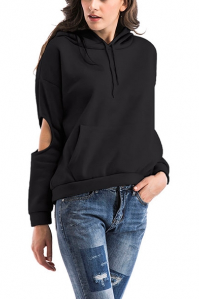 Unique Cool Cutout Elbow Long Sleeve Loose Casual Pullover Hoodie