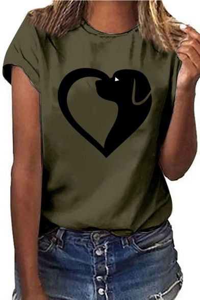 Unique Funny Cartoon Heart Shaped Dog Print Short Sleeve Round Neck Loose Fit T-Shirt