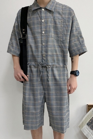 Unisex Summer Trendy Stylish Plaid Printed Button Down Drawstring Waist Chic Coveralls Rompers