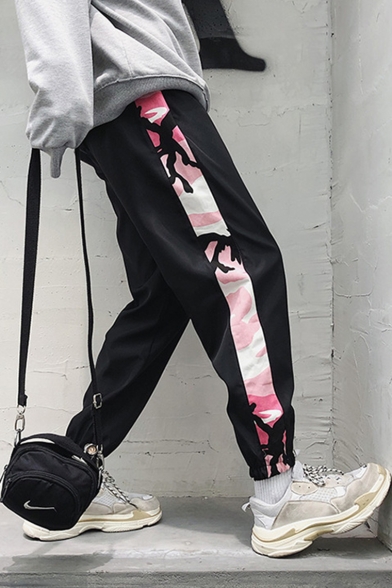 Unisex Trendy Camouflage Print Tape Patched Elastic Cuffs Loose Sports Track Pants